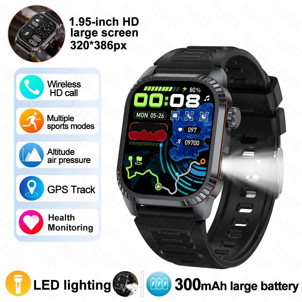 

New GPS Tracking Smart Watch 1.95 Inch HD Screen LED Flashlight IP67 Waterproof Heart Rate 100+Sport Modes BT Call Smart Watch Black Silicone