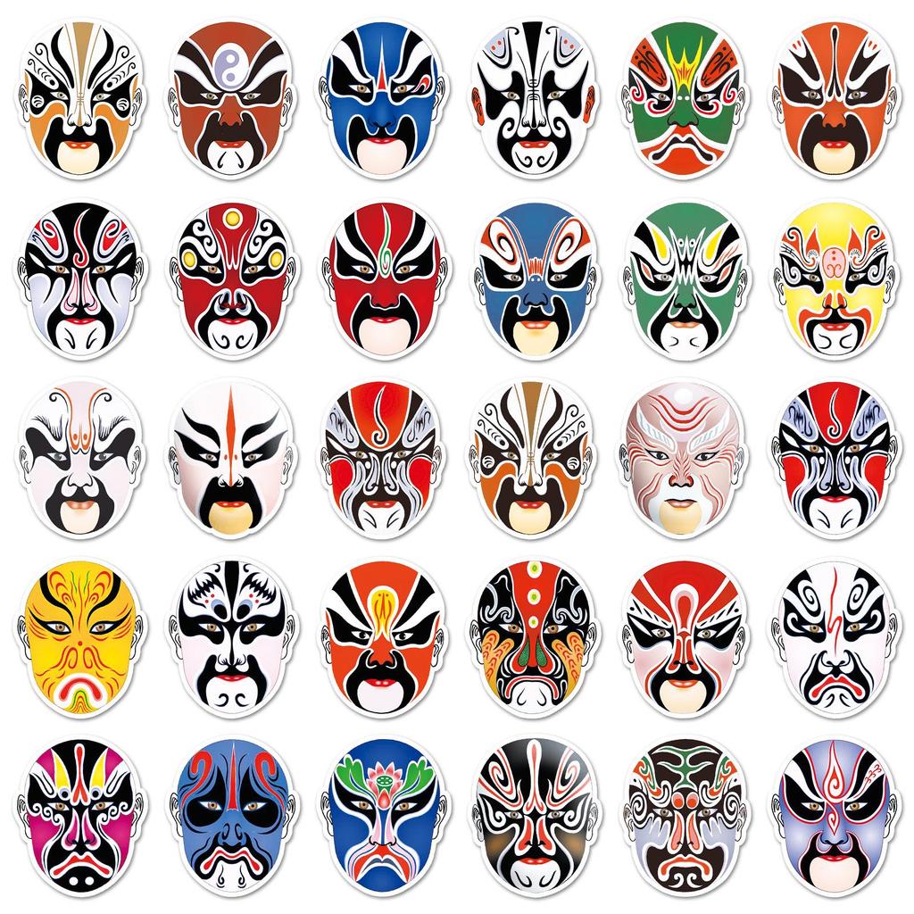 60 Pcs Peking Opera Style Face Painting Stickers for Thermos, Phones, and Planners - Creative Chinese Graffiti Decor