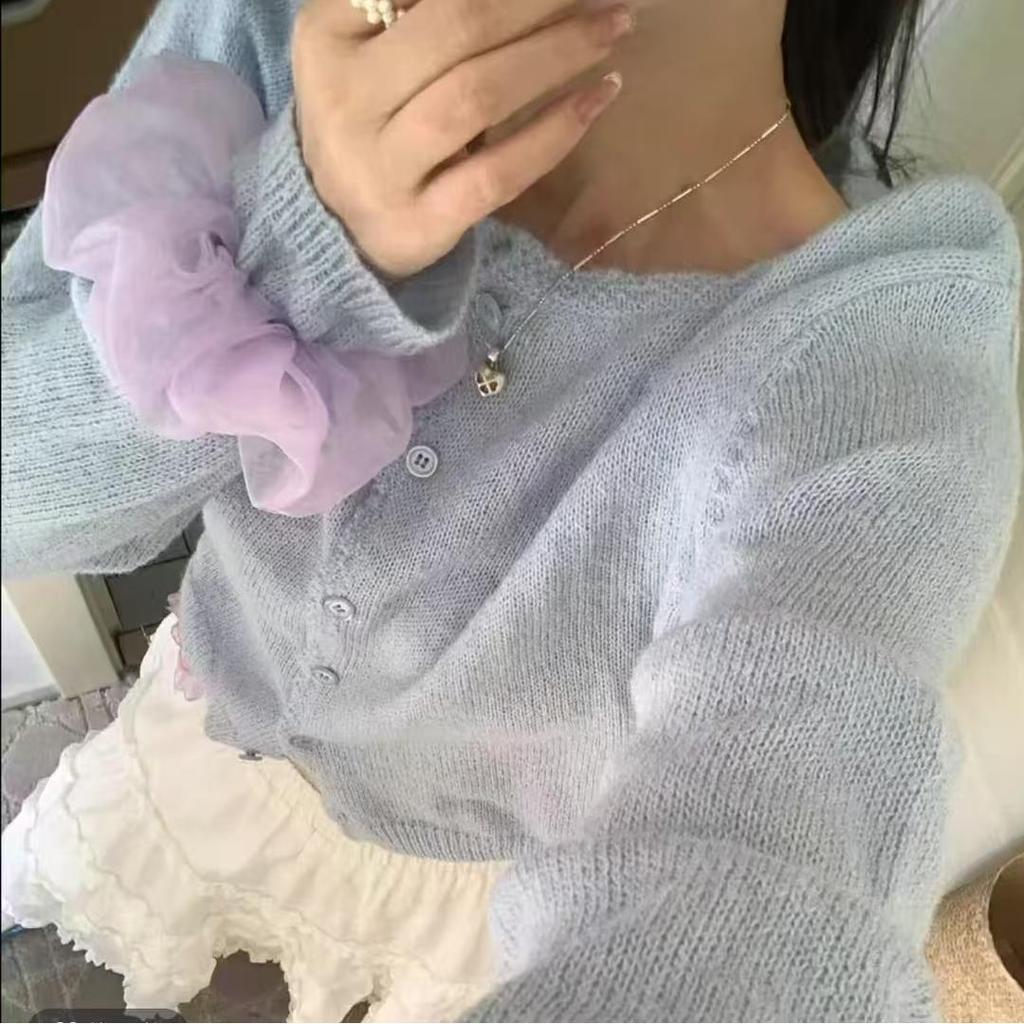 Gentle apple green lace knitted cardigan women's thin girl spring and autumn sweet small fresh top