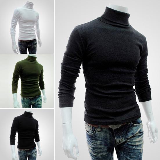 Men Autumn Solid Color Long Sleeve Turtle Neck Knitted Slim Bottoming Shirt