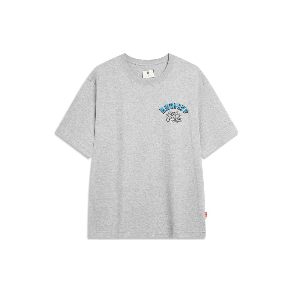 Li Ning X Mister Cartoon Collaboration Badfive Letter Graphic Print Loose Short Sleeve T-Shirt Unisex T-Shirts Flower-Gray AHST973-2