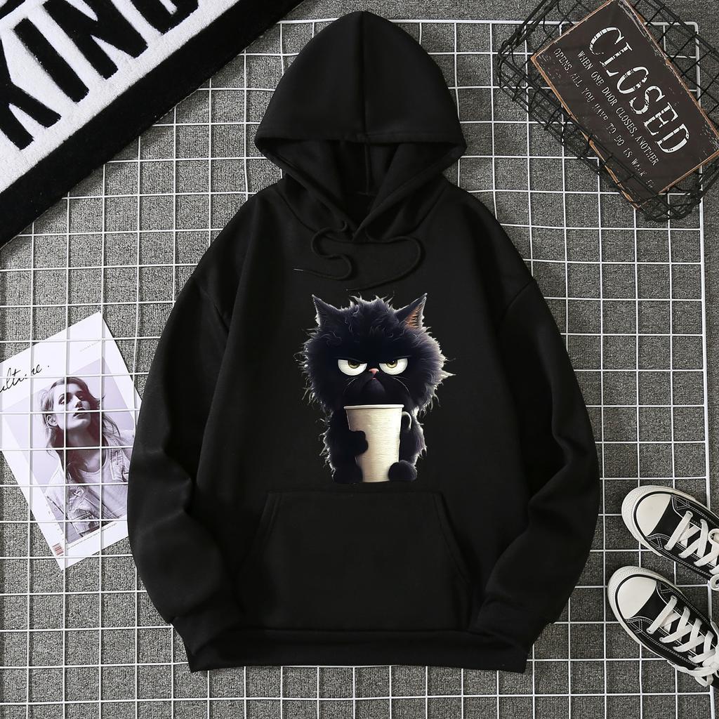 Hot-selling ribbed bottom pendulum sweater European and American animal cat print sweatshirt special couple jumper
