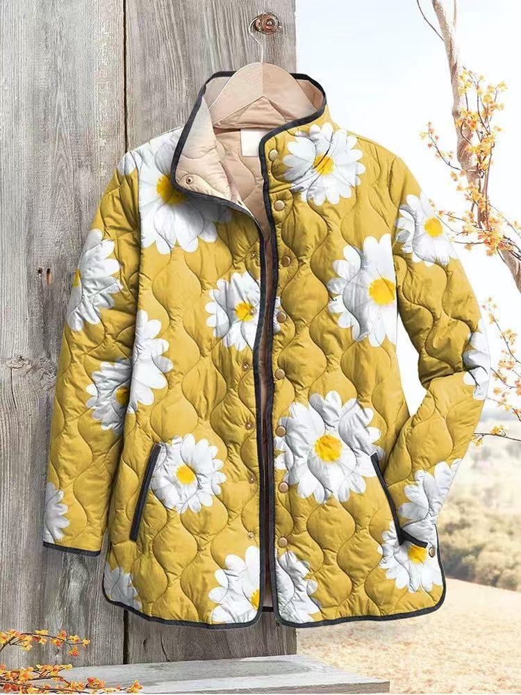 Women's Tropical Leaf Print Quilted Jacket Stand Collar Button Down Contrast Trim Casual Coat