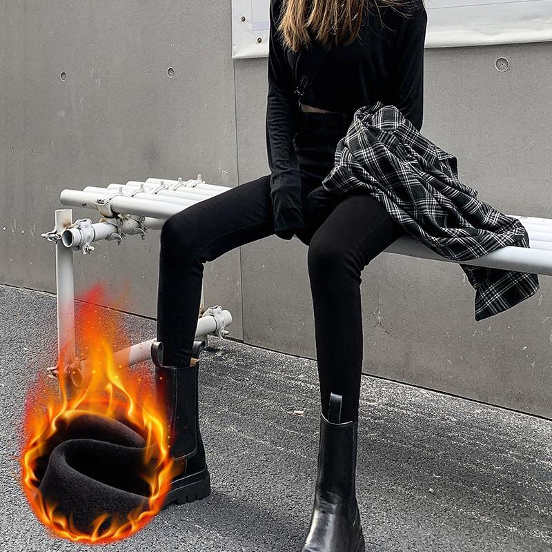 High Waist Plus Size Fleece-Lined Denim Leggings for Women - Spring/Autumn Slimming Elastic Skinny Pants