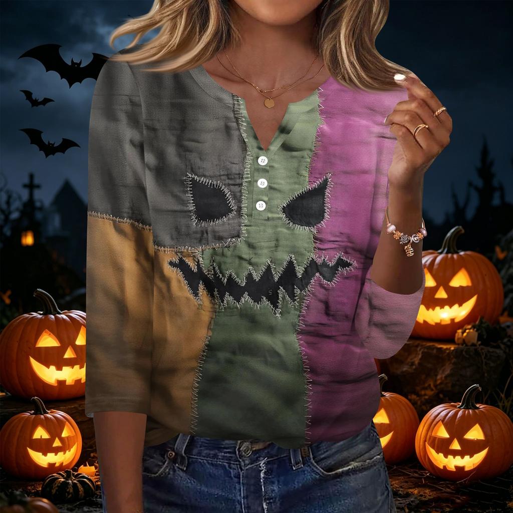 Women's Casual Halloween Print V Neck Button Front Three Quarter Sleeve T Shirt Top with Spooky Haunted House Design for Fall