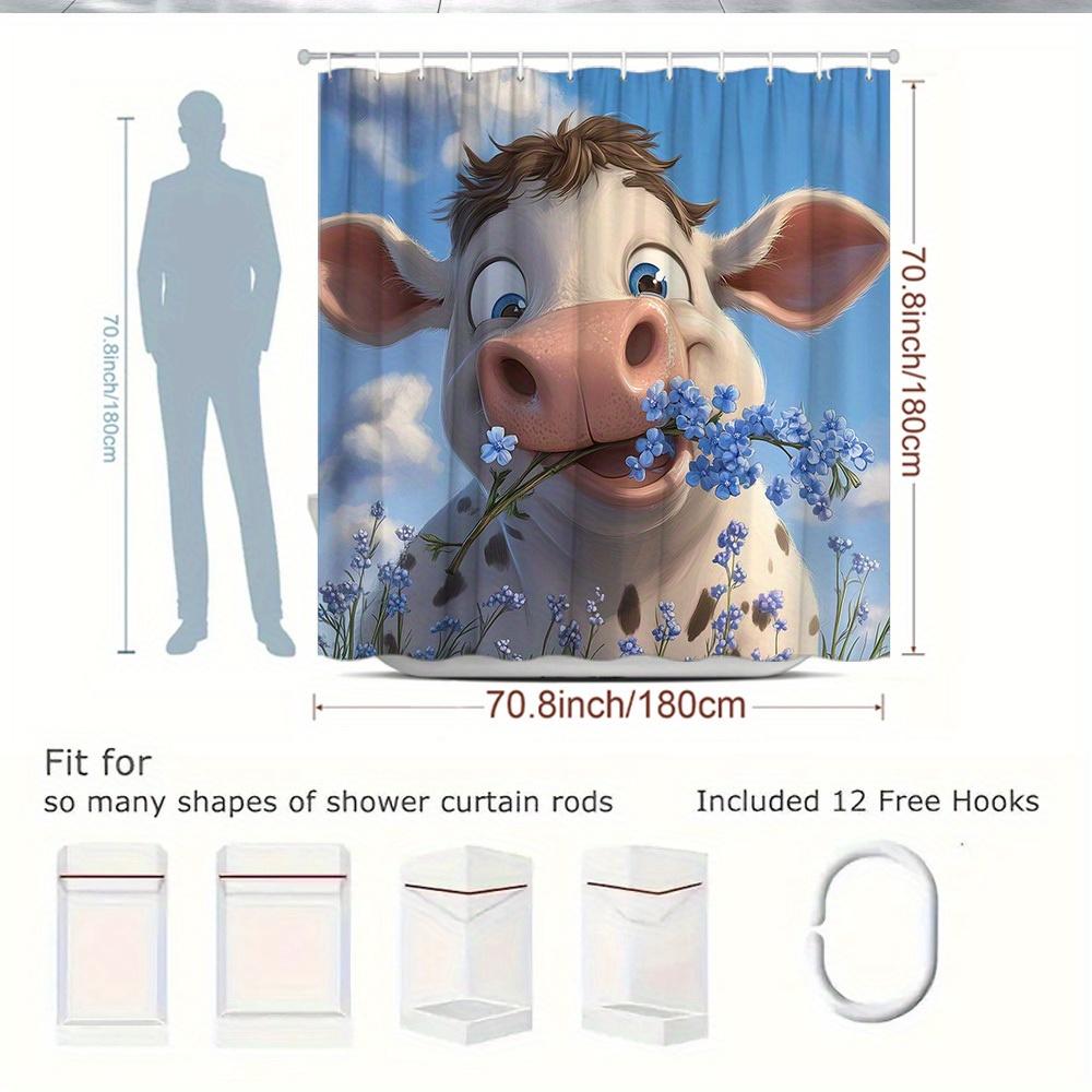 1Pc Animal Shower Curtain, Cute Cow Pattern, Rustic Farmhouse Style With Floral Blue Sky Background, Suitable For Bathroom Decor