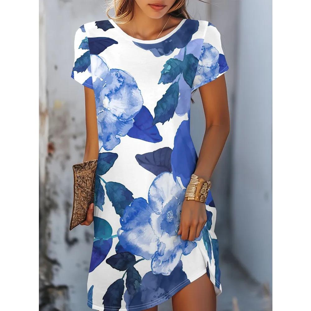 Blumen Retro Muster Damen Minikleider Sommer Kurzarm Bedruckt Große Größen Lässig Bequem Weiches Kleid