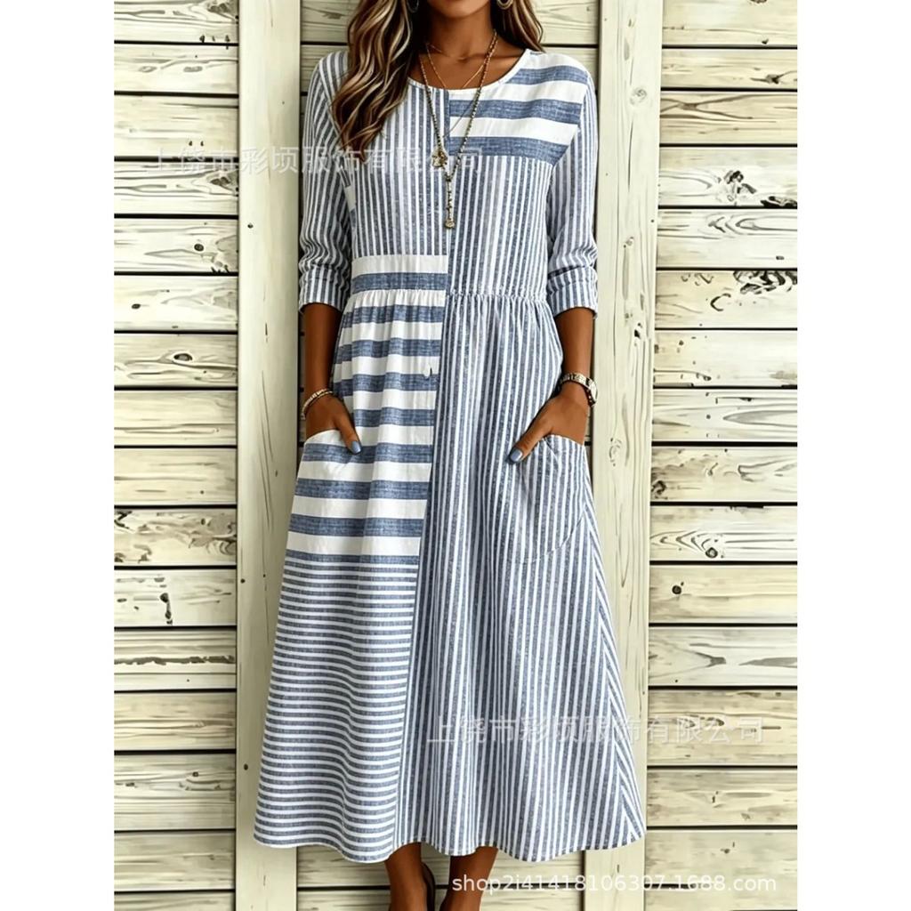 Women's Crew Neck Long Sleeve Loose Fit A-Line Midi Dress Casual 3D Floral Print