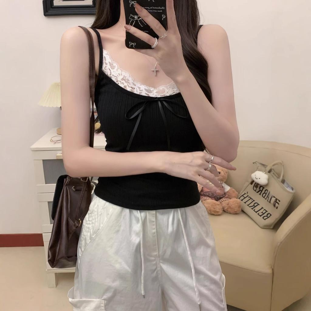 #Pure desire sexy lace splicing pit strip sling vest women's chest pad inner slim and thin bottoming shirt