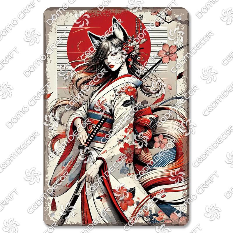 Retro Japanischer Stil Poster Metall Blechschilder Kimono Schönheiten Japanischer Samurai Vintage Metallplatte Wanddeko Club Bar Man Cave