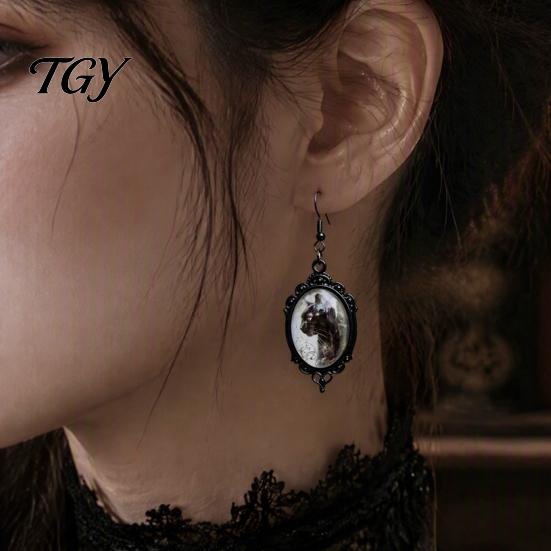 Niche Design Transparent Time Gem Jewelry 1 Pair Halloween Gothic Black Cat Earrings for Women, Vintage Durable Zinc Alloy Retro Dark Punk Style