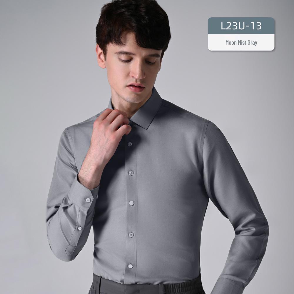 Men's Slim Fit Long Sleeve Modal Tencel Wool Shirt - Iron-Free, Machine Washable, Solid Color, Business Attire.