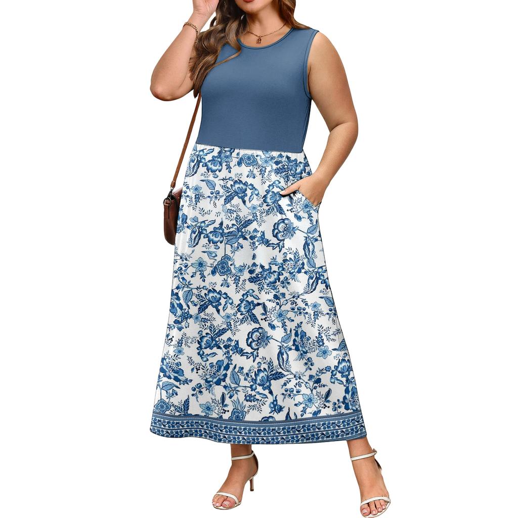 Sleeveless Round Neck Floral Print Maxi Dress Casual Loose Fit Long Dress Lightweight Summer Sundress for Women