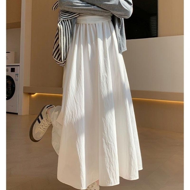 Mori Style White Midi Skirt for Women, Summer 2025, High-Waisted A-Line, Slimming, Mid-Length, Pleated, Elegant Design
