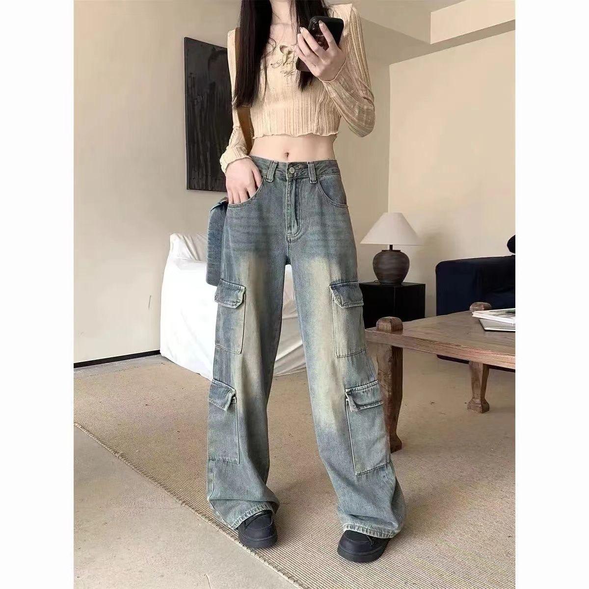 

Женские легкие джинсы в стиле ретро для рабочей одежды: Свободные, Универсальные, С высокой талией, Широкие брюки, Длиной до пола X-Large светло-синий