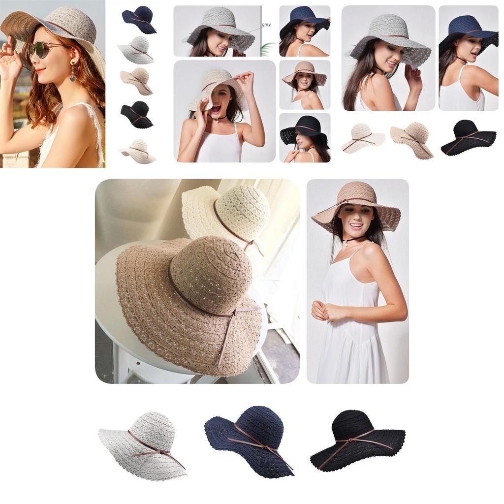 Floppy Foldable Ladies Women Straw Beach Sun Hat With Wide Brim For Summer Travel