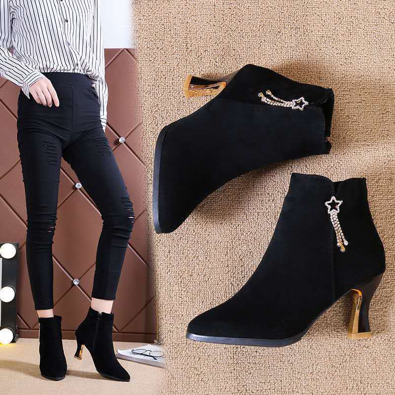 Autumn Winter Black Female Short Shoes Pointed Toe Booties New in Heeled Women's Ankle Boots Designer Luxury Boot on Promotion