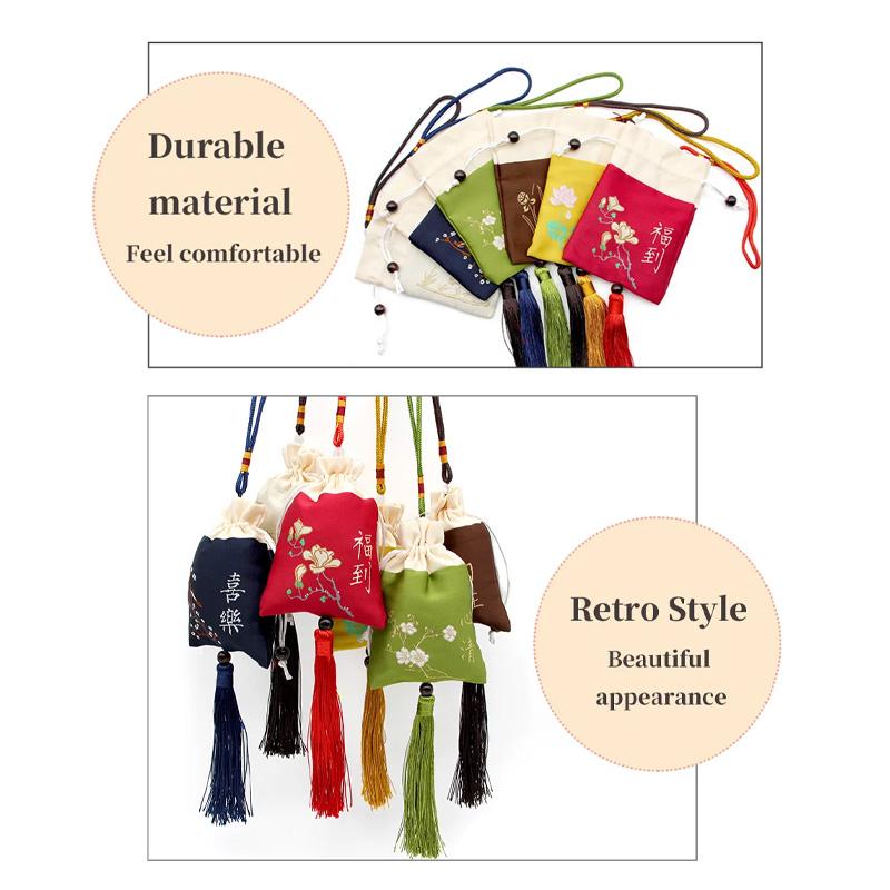 1PC Woven Embroidered Silk Style Sachet Bag Stitching Tassel Drawstring Bag Reusable Lotus Plum Flower 8x12CM