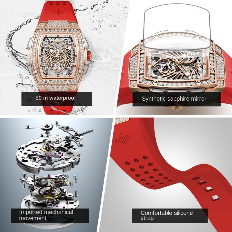 OUPINKE Uhr Hohl Weinfass Mechanische Uhr Mode Silikon Gürtel Wasserdicht Damen Uhr Damen Uhr