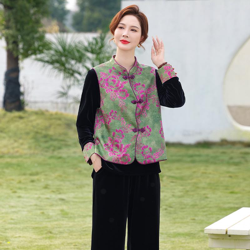 

2026 Trendy Gold Velvet Vest & Suit Set for Middle-aged and Elderly Women 4XL фіолетовий/золотий