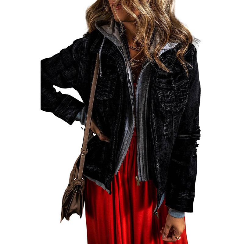 

Hot Sale Retro Hooded Denim Jacket Women s 2025 Autumn and Winter New Fashion Fake Two-piece Jacket Women 2XL