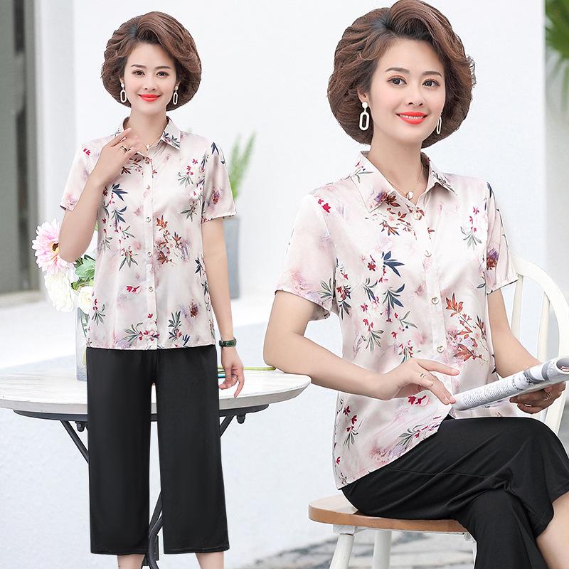 Summer Silk Cardigan Shirt: Elegant Short-Sleeve for Middle-aged and Elderly Women