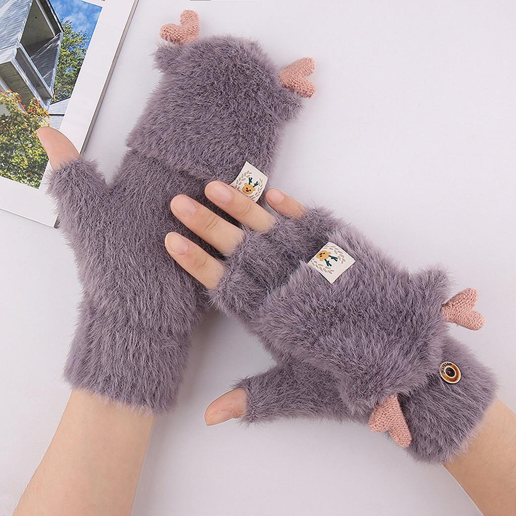 Winter Women Adult Plus Velvet Thickening Cute Cartoon Point Finger Gloves