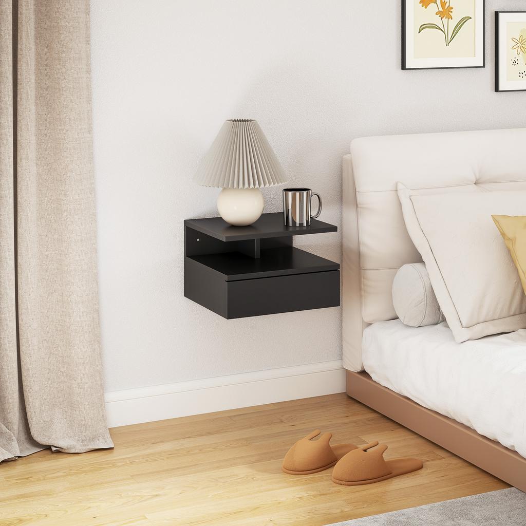 Wall-Mounted Nightstand for Bedroom with Drawer and Wooden Shelf, 35x32x22.5cm, Black