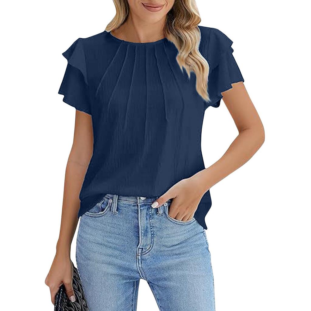 Women's Formal Casual Summer Pleated Short Sleeve Round Neck Top