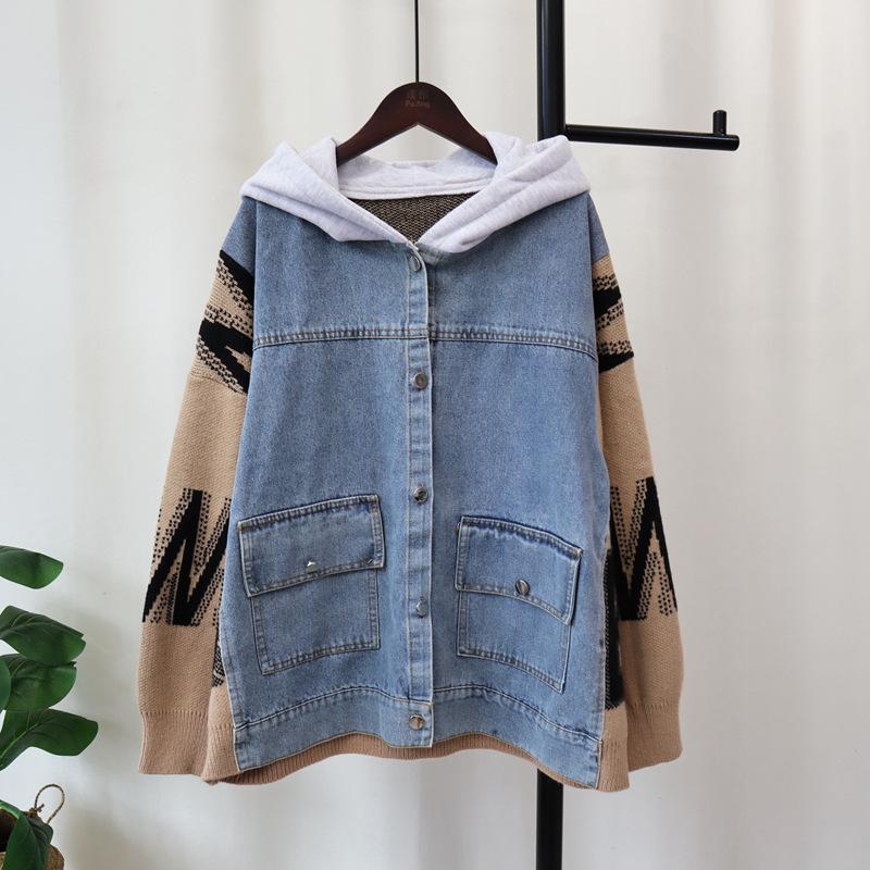 Autumn and winter new hooded splicing denim knitted cardigan design sense loose casual sweater jacket women