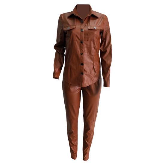 Casual Women Solid Color Faux Leather Turn Down Collar Shirt Pants Two-piece Set