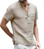 Men's Summer Cotton Linen Short Sleeve Stand Collar Button-Up Shirt