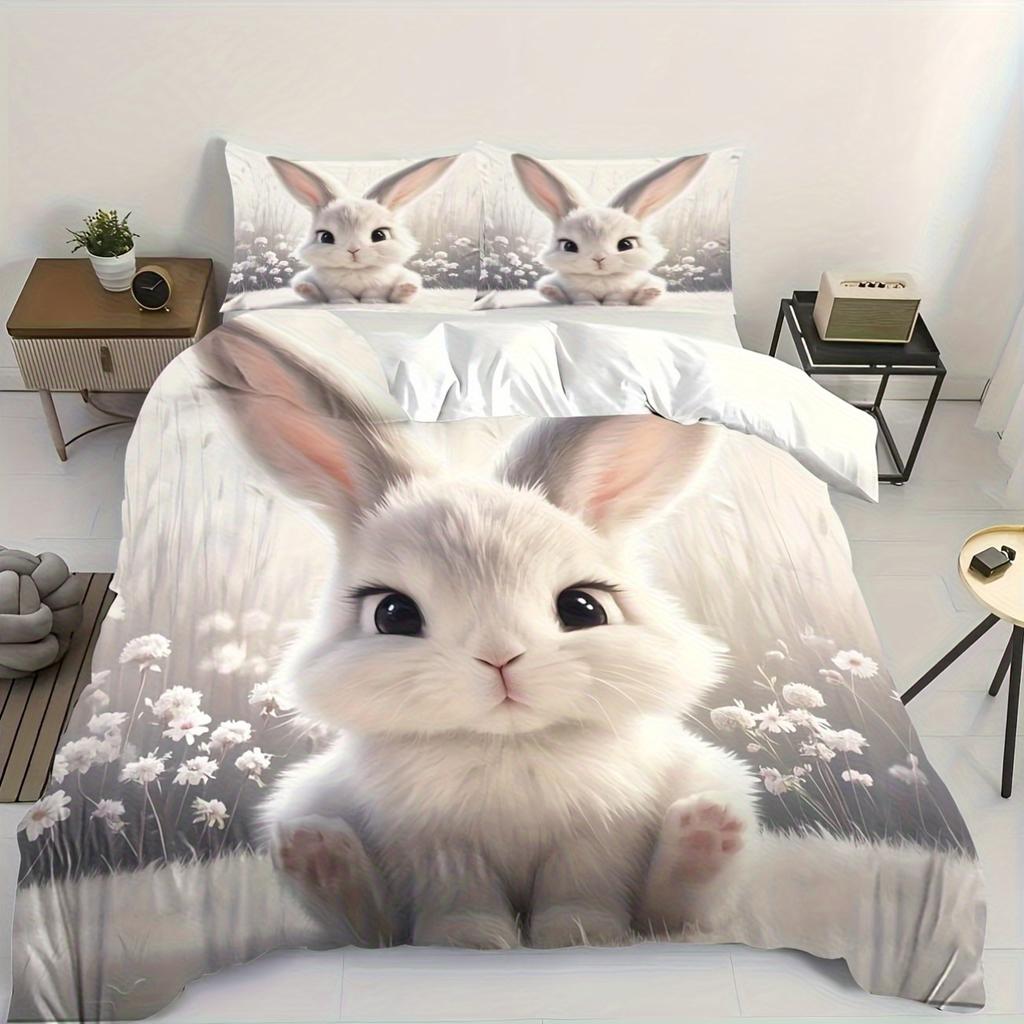 3-teiliges entzückendes Kaninchen-Druck Bettwäsche-Set - Weiches Polyester Digitaldruck Komfort Enthält 1 Queensize Bettbezug & 2 Kissenbezüge