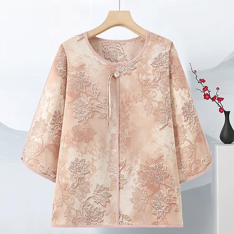 

Chinese-Style Summer Tops: Stylish, Loose Three-Quarter Sleeve Shirts for Middle-Aged and Elderly Women XL (45-57.5 kg) розовый