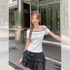 Korean slanted shoulder lace-up design off-the-shoulder letter printing short-sleeved T-shirt women's summer new slim-fitting top