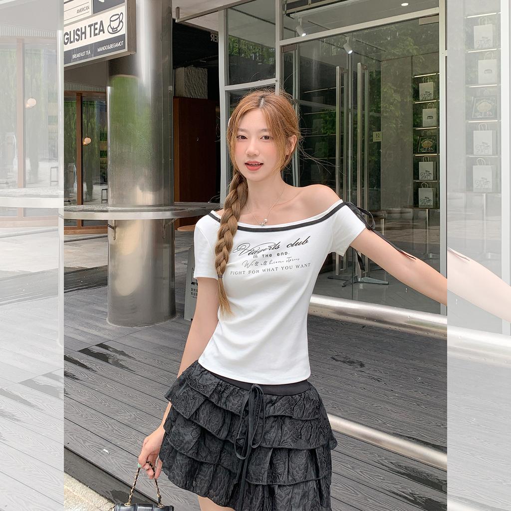 Korean slanted shoulder lace-up design off-the-shoulder letter printing short-sleeved T-shirt women's summer new slim-fitting top