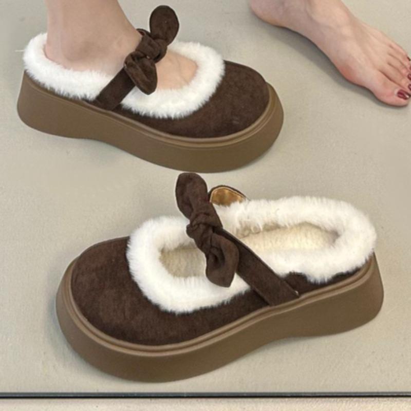 Mode Flauschige Damen Flats Plateau Hausschuhe Schleife Wildleder Mode Winterschuhe Bequeme Lässige Slingback Schuhe 2025 Neu Zapatillas Mujer