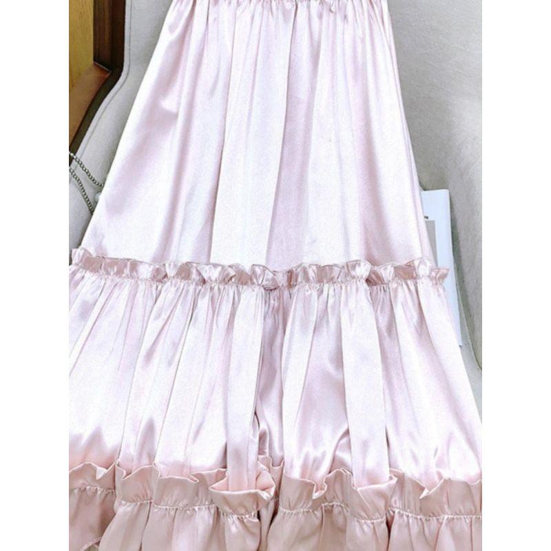 Solid Color Temperament Ruffled Satin Skirt Pure Color Ruffles Skirt