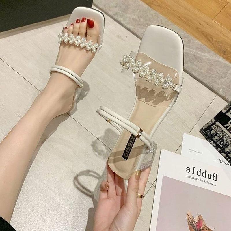Rhinestone transparent thick-heeled slippers women's summer wear 2025 new fashion fairy temperament French sandals one-word sandals