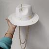 White straw hat pearl chain DIY flat top sun hat new Korean elastic ribbon hat beach hat candy color sun hat