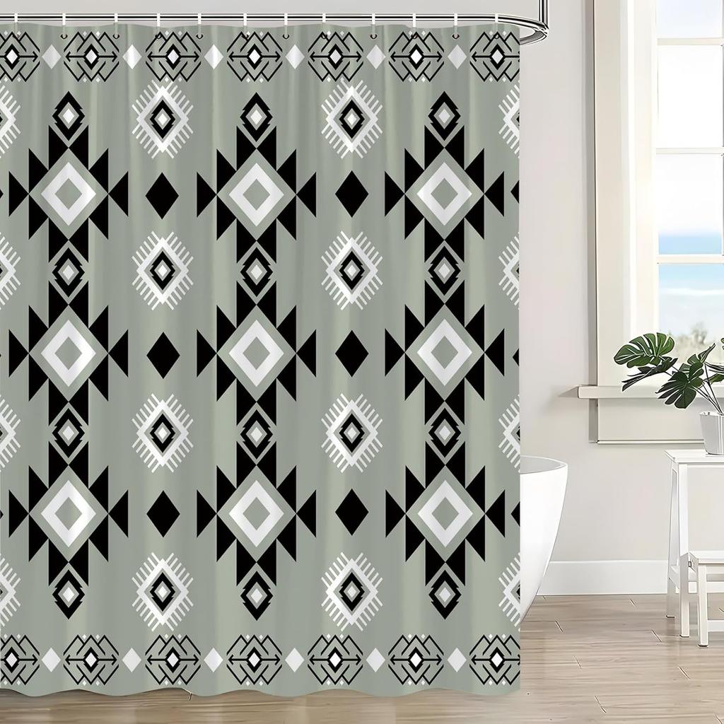 Shower Curtain Western Boho Abstract Pattern Geometric Vintage Native Simple Neutral Classic Southwestern Farmhouse White Black