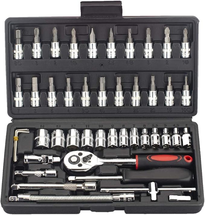 Socket Wrench and Ratchet Wrench Set with Automotive Repair 45 for Car Bicycle and DIY 46-Piece 6.3mm (1/4") Drive, Tools, Gears, Maintenance,