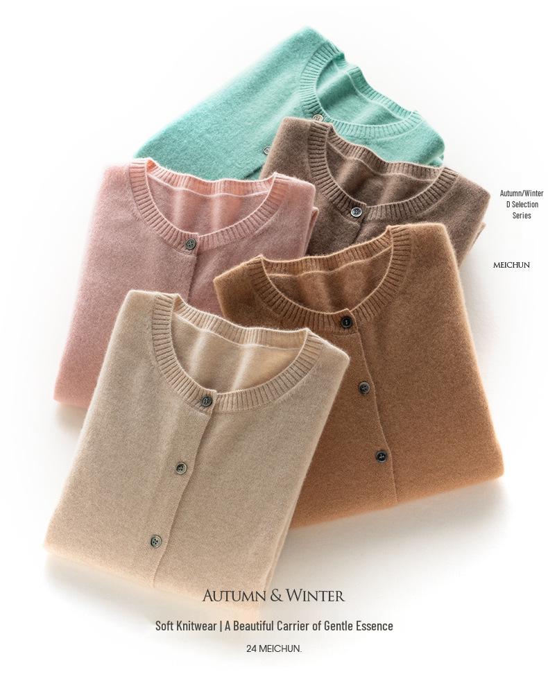 Mengyi Women's Pure Cashmere Round Neck Cardigan - Solid Color, Loose Fit, Warm Knit Outerwear for Spring/Autumn