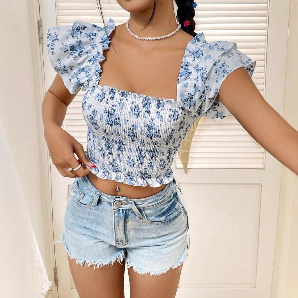 Women's European & American INS Summer Floral Square Neck Slim-Fit Top