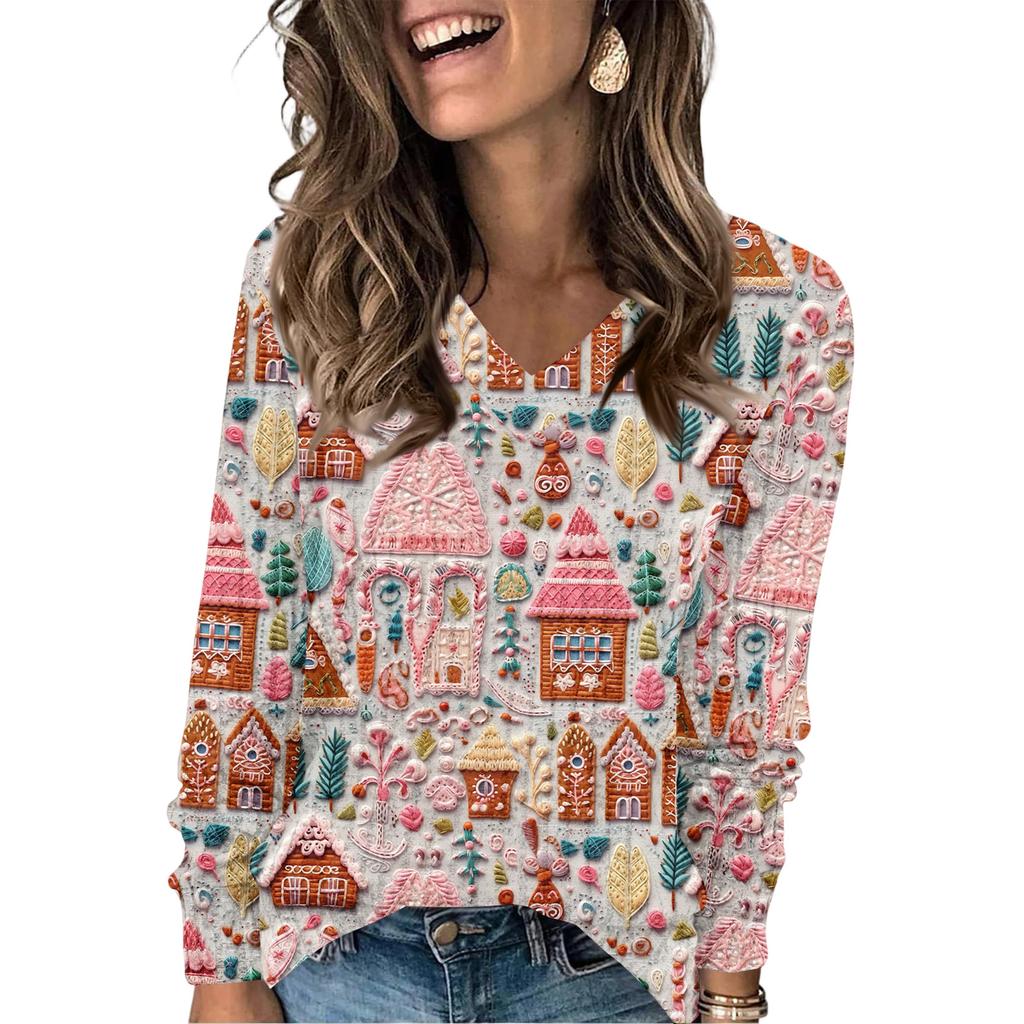 Women's Fashionable Loose-Fit V-Neck Long-Sleeved T-Shirt Christmas Print Pullover