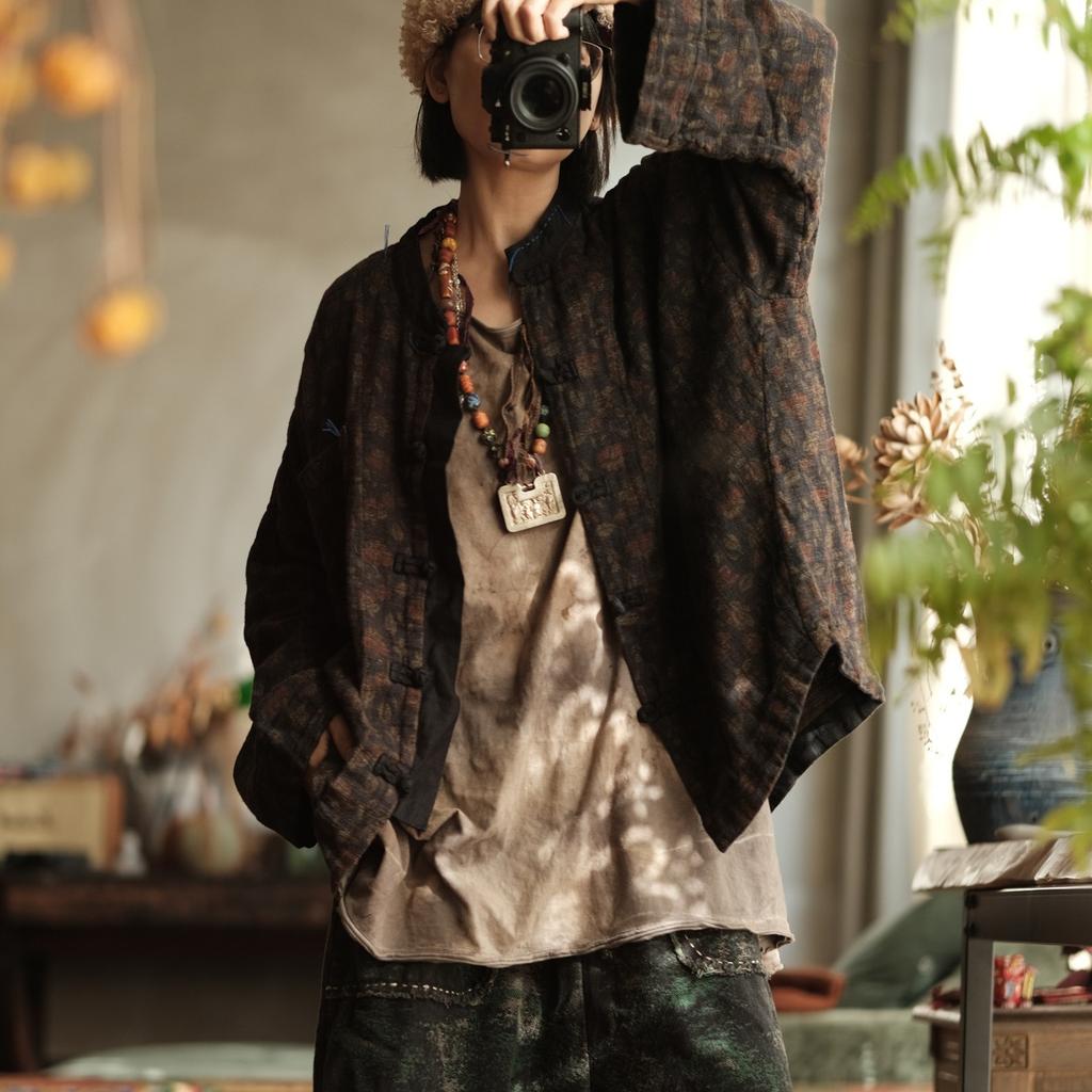 Johnature Women Vintage Winter Shirts Tops Thick O-Neck Long Sleeve Button Chinese Style Female Blouses