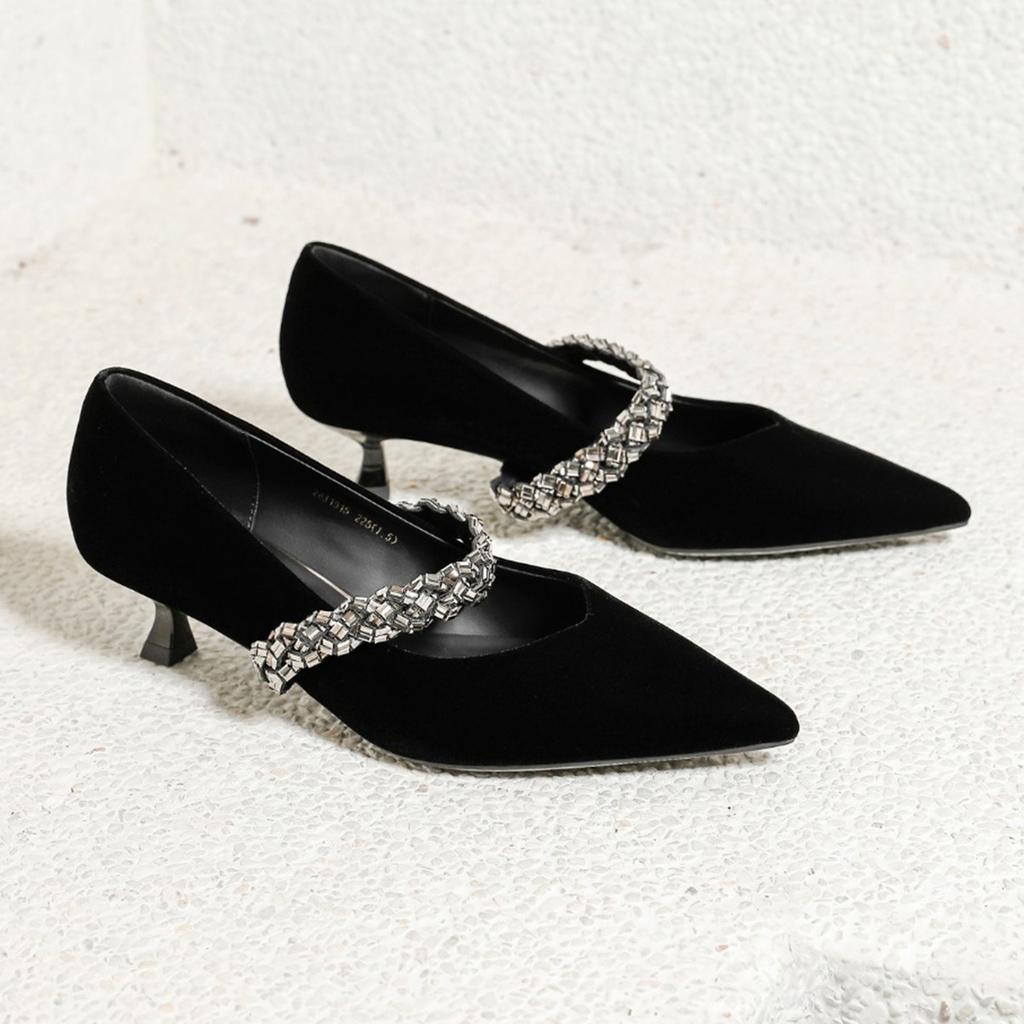 Golden Velvet Pointed Head Shallow Mouth High Heels Thin Heel Women's Rhinestone Comfortable Single Shoes 2025 Early Autumn New French High Sense