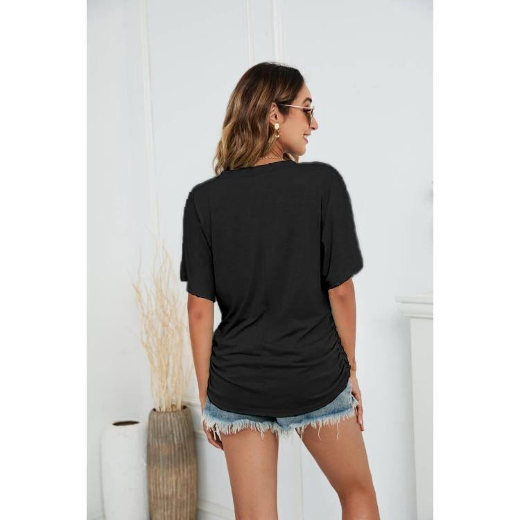 GMXIA Women's Solid Color Bat-sleeve Side Pleated V-neck Short-sleeved T-shirt