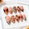 Almond Cow Print & Painted Flower 3D Wearable Nails with Rhinestones - Set of 30