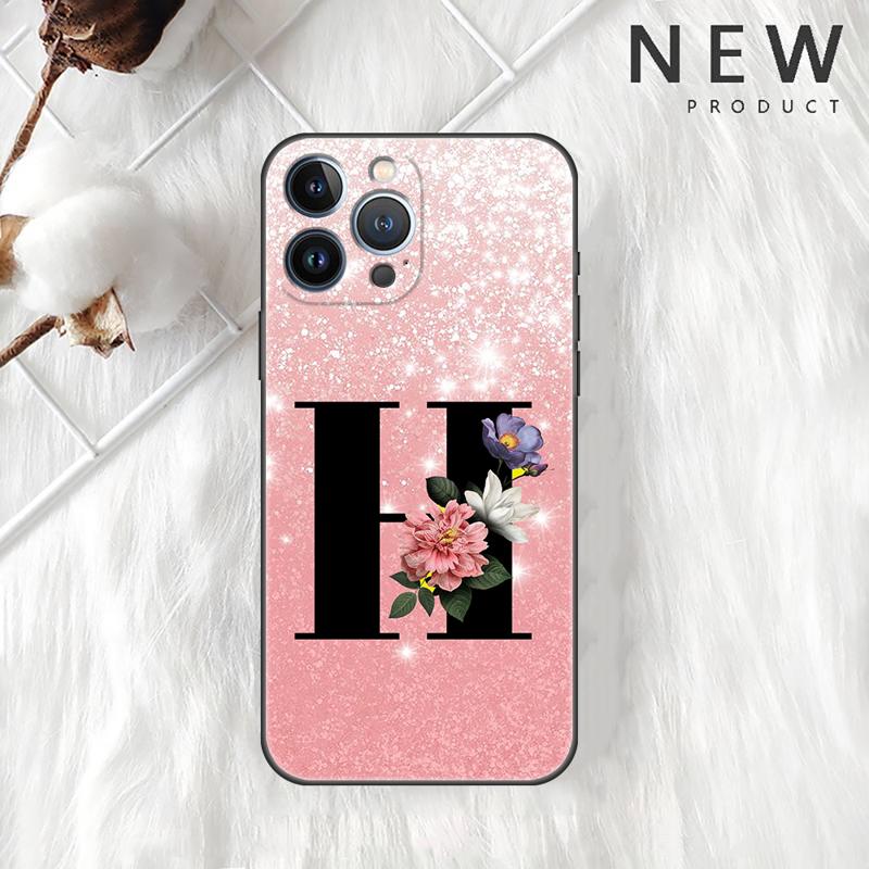 Letter A B C Flowers Pink Case For Apple iPhone 11 15 13 14 Pro Max 12 Plus X 15Pro Black Silicone Phone Coque